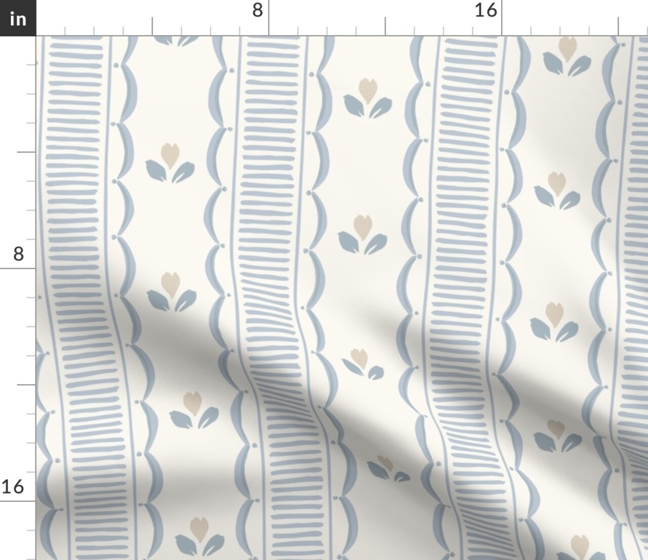 Cottagecore Floral Farmhouse Stripe Scallop Country Rustic Grandmillennial Cottage Vintage Floral Feminine Girly Blue Lines Tulip Spring Custom Printed Fabric by Spoonflower Various Fabrics by the Yard or Fat Quarter